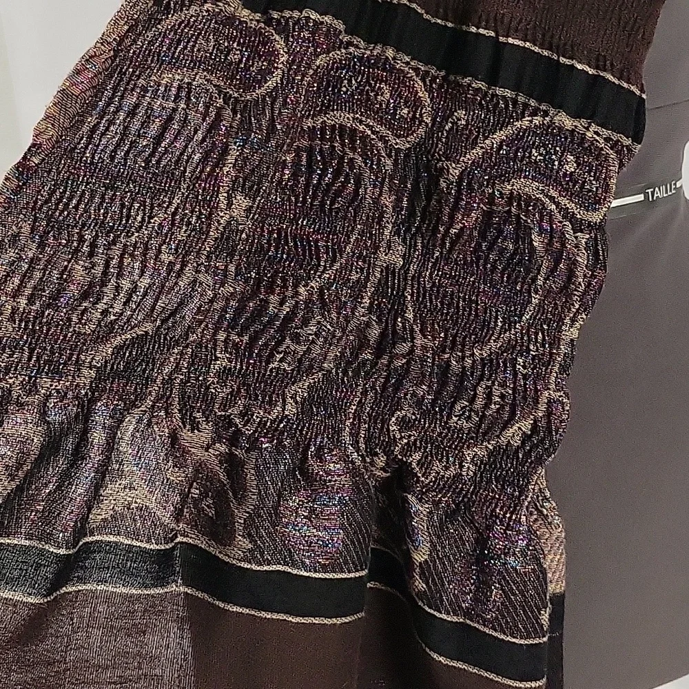 Brown Black Tan Sparkle Paisley Like Print Women's Scarf with Black Fringe